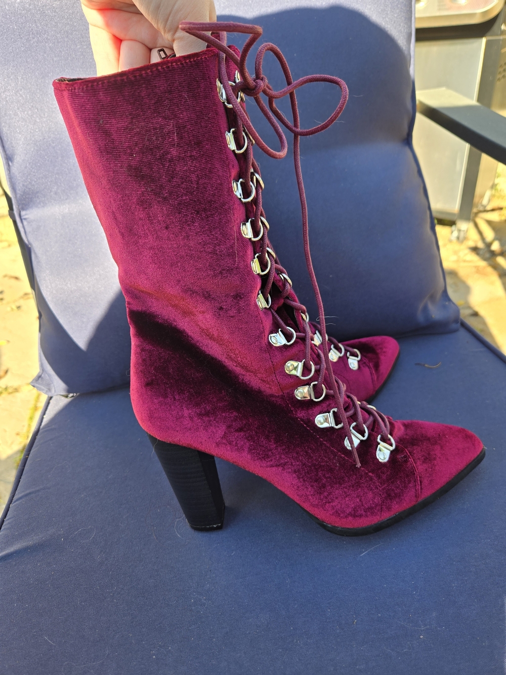 Penny Loves Kenny Burgundy Velvet Lace-Up Pointed-Toe Knee Boots